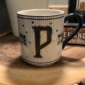 Anthro Black/gold Mosaic Margot ‘P’ monogramed coffee mug